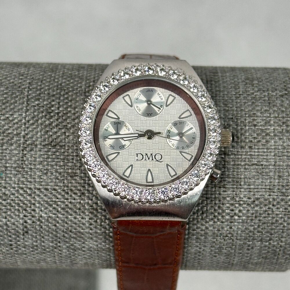 DMQ Watch Womens 32mm Pave Bezel Day Date Silver Tone Brown Band New Battery